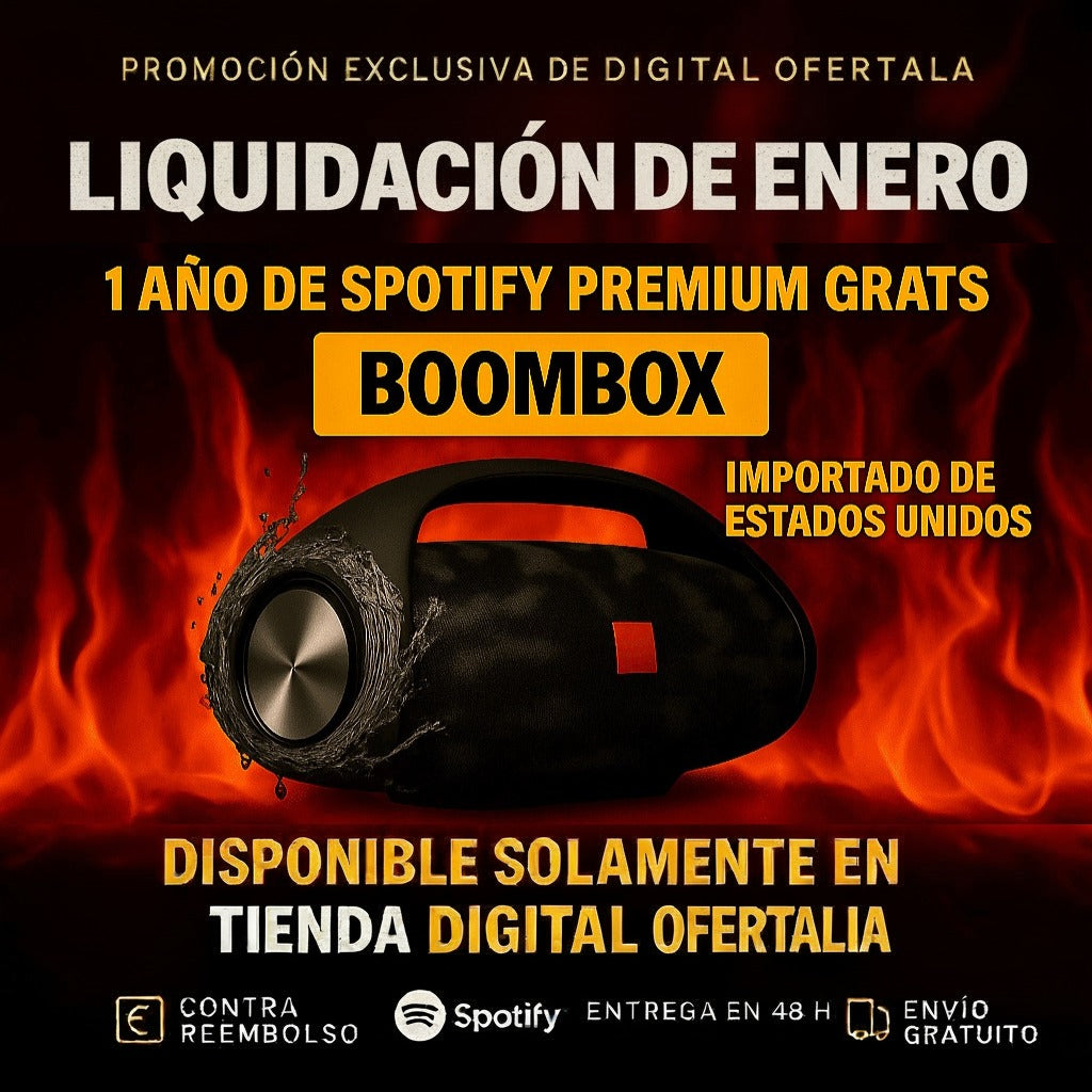 ¡POTENCIA Y SONIDO IMBATIBLES! ¡El BOOMBOX HA LLEGADO! +1 Año de Suscripción a Spotify Premium Gratis