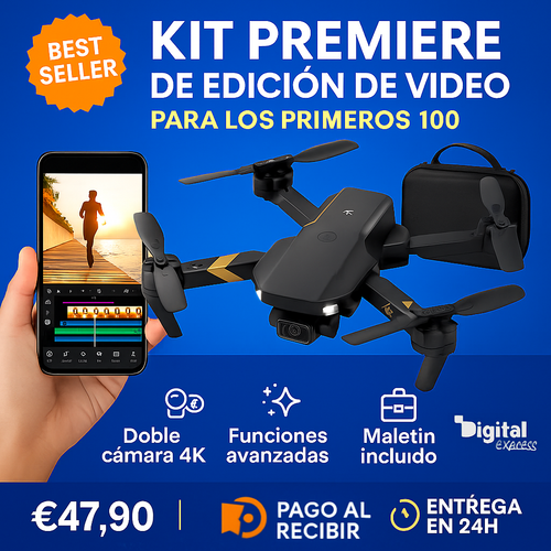 Drone Doble Cámara 4K UltraFly con Estuche + Kit Premiere de Edición de Video (Photoshop, Premiere, CapCut y Más)