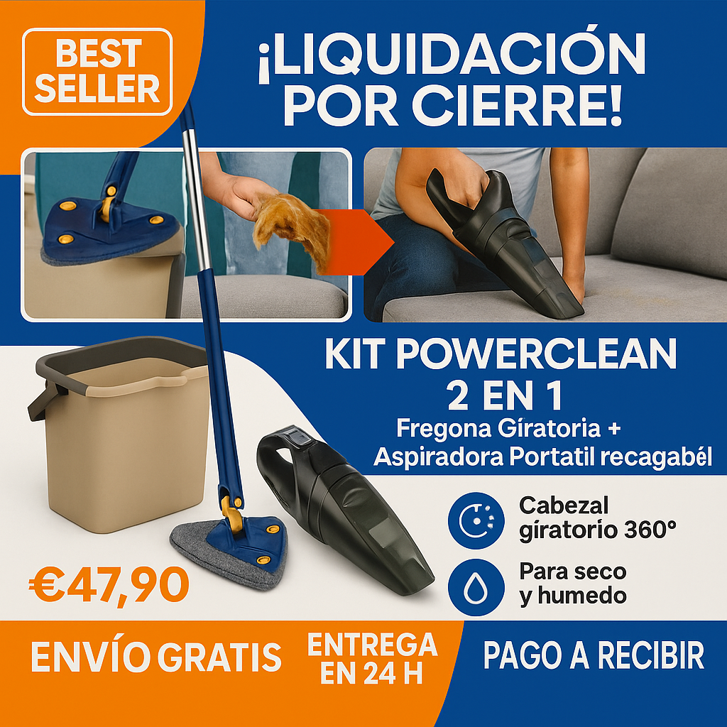 Kit PowerClean 2 en 1 – Fregona Giratoria + Aspiradora Portátil Recargable (LIQUIDACIÓN POR CIERRE)