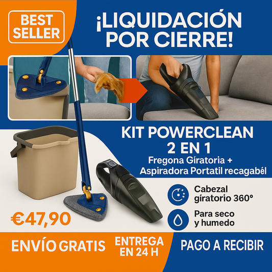 Kit PowerClean 2 en 1 – Fregona Giratoria + Aspiradora Portátil Recargable (LIQUIDACIÓN POR CIERRE)