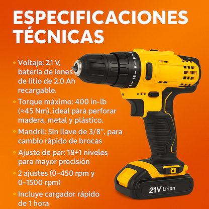 🔥Calentamiento Black Friday🔥 Taladro Inalámbrico 21V con 93 Piezas + Alicate, Cinta Métrica y Más de Regalo