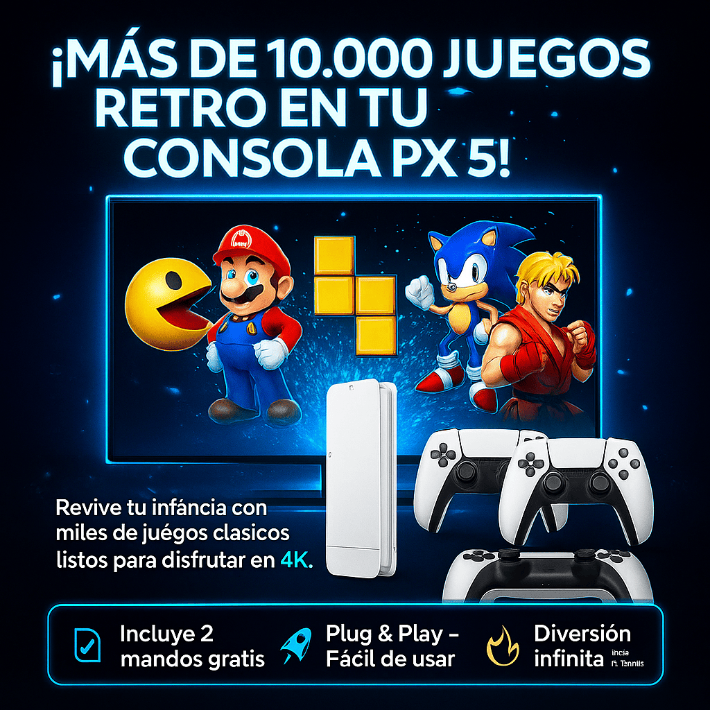 Consola Inalámbrica PX5 Retro Edition 4K Full HD – ¡Incluye 2 Con Cable Controles Gratis! (LIQUIDACÍON POR CIERRE)