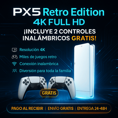 Consola Inalámbrica PX5 Retro Edition 4K Full HD – ¡Incluye 2 Con Cable Controles Gratis! (LIQUIDACÍON POR CIERRE)