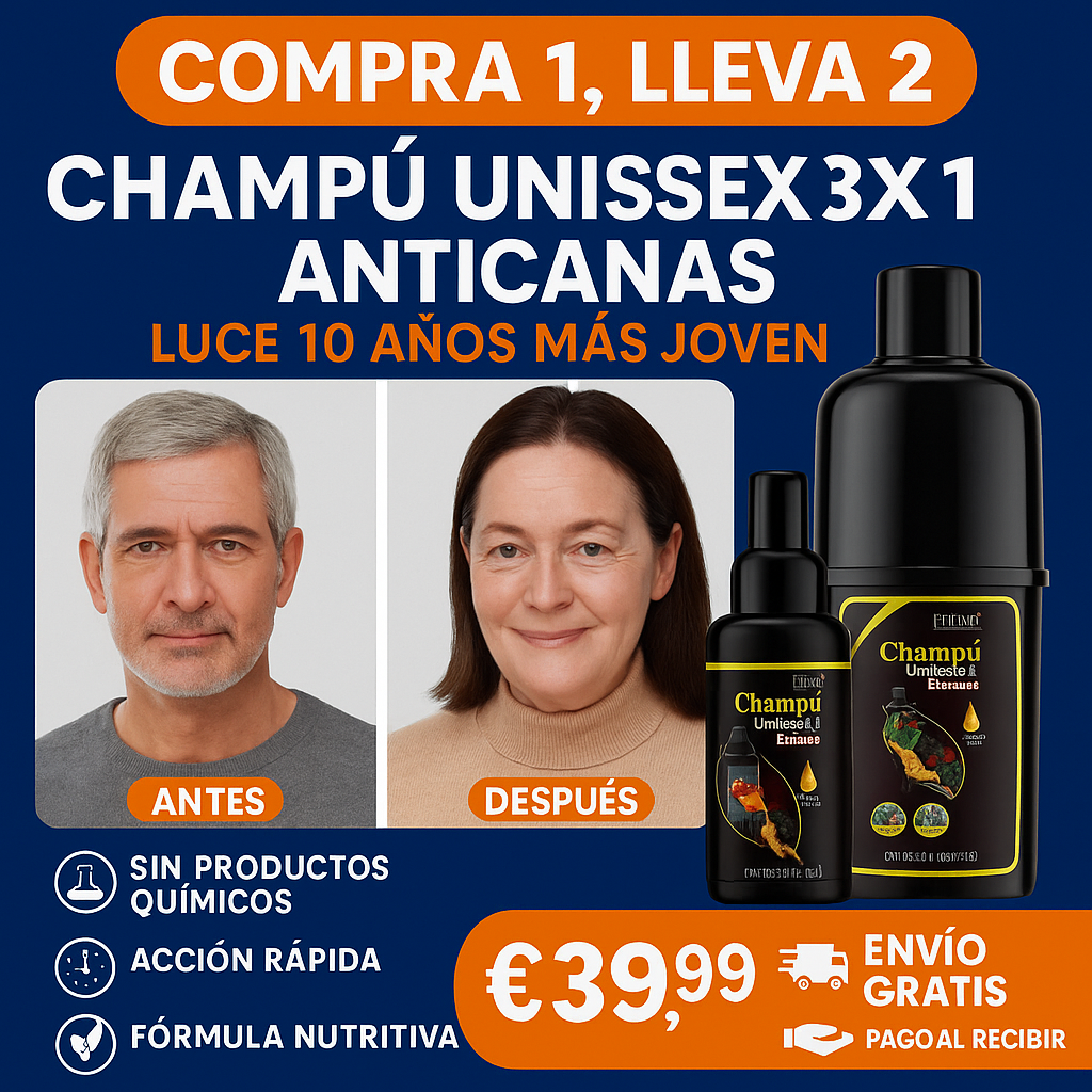 [Compra 1, Lleva 2] Champú Unissex 3x1 AntiCanas - Luce 10 Años Más Joven