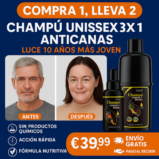 [Compra 1, Lleva 2] Champú Unissex 3x1 AntiCanas - Luce 10 Años Más Joven