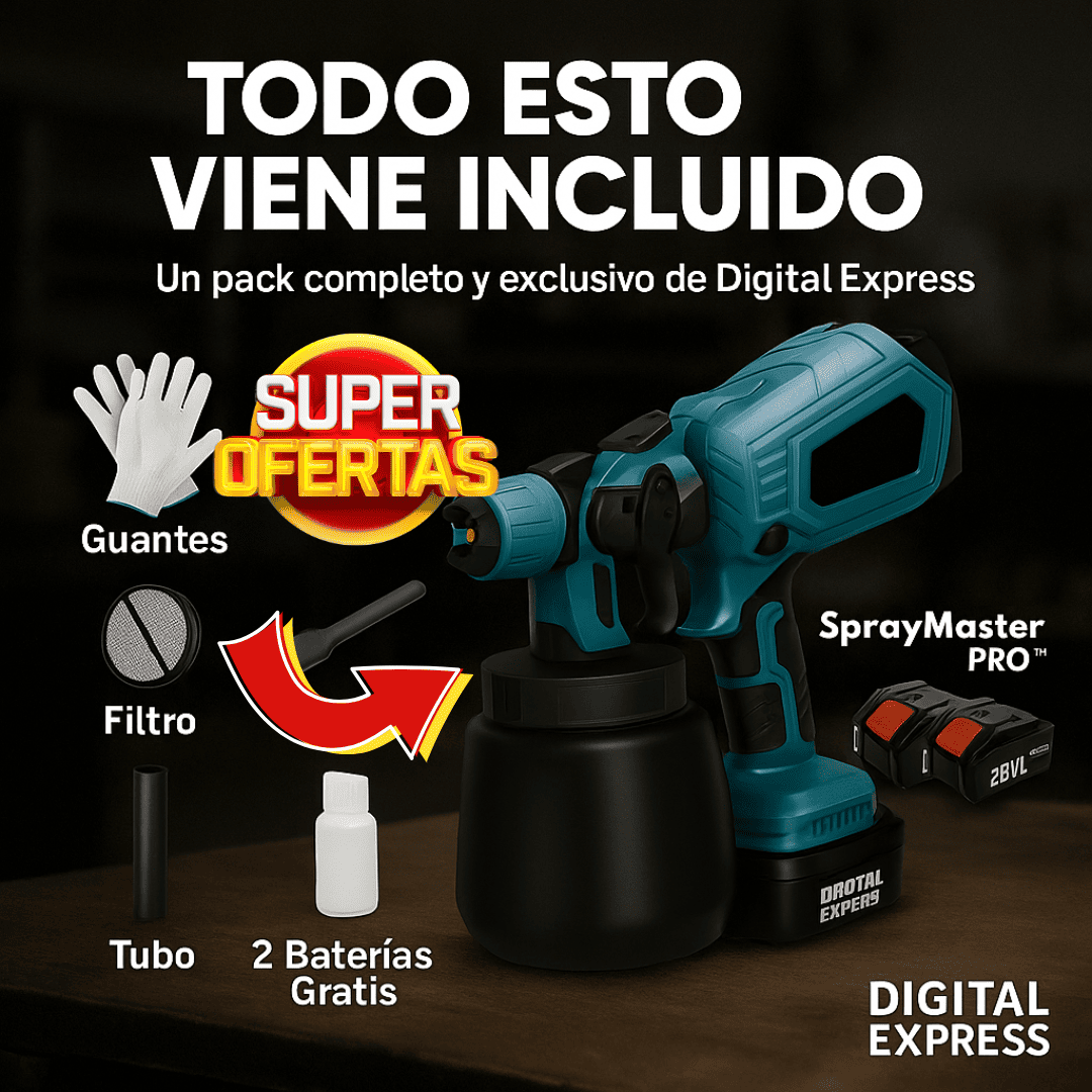 SprayMaster PRO™ - Pistola Americana Eléctrica con Guantes, Gafas, Filtro, Cepillo, Tubo, Limpiador y 2 Baterías Gratis