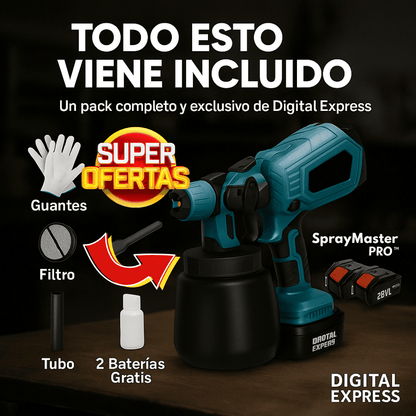 SprayMaster PRO™ - Pistola Americana Eléctrica con Guantes, Gafas, Filtro, Cepillo, Tubo, Limpiador y 2 Baterías Gratis