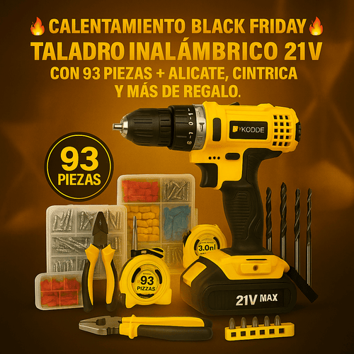 🔥Calentamiento Black Friday🔥 Taladro Inalámbrico 21V con 93 Piezas + Alicate, Cinta Métrica y Más de Regalo